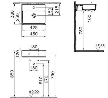 Раковина из сантехнического фарфора Vitra ArchiPlan 7400B003-0001 50х40 подвесная цвет белый 1 отверстие под смеситель