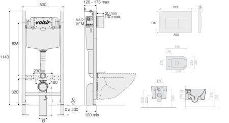 Комплект унитаз с инсталляцией и клавишей смыва Valsir KIT VSBM 5486 Slim P1