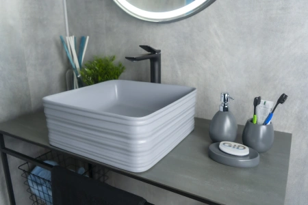 Раковина керамическая Gid Geométrico 53338 40х40 накладная цвет серый без отверстий под смеситель