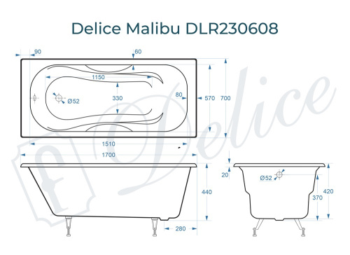 Ванна чугунная Delice Malibu DLR230608 170х70 пристенная прямоугольная без ножек - фото 3
