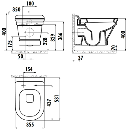 Чаша унитаза подвесная Creavit Antik AN320-00CB00E-0000 цвет белый без сиденья душевой смыв