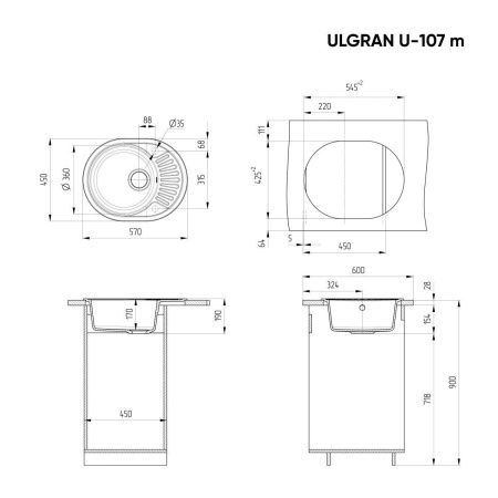 Кухонная мойка Ulgran Classic U-107m-309 55х45 цвет серый