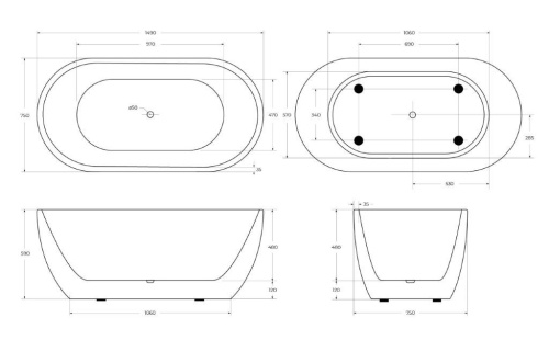 Ванна акриловая BelBagno BB70-1500-W0 149х75 отдельностоящая овальная - фото 2