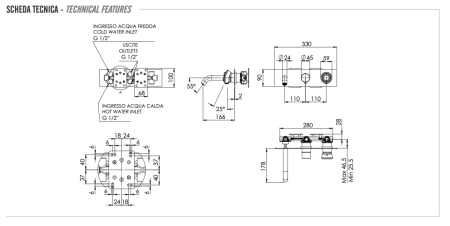 Смеситель для ванны Remer Element ET54D3BG встраиваемый в стену золото