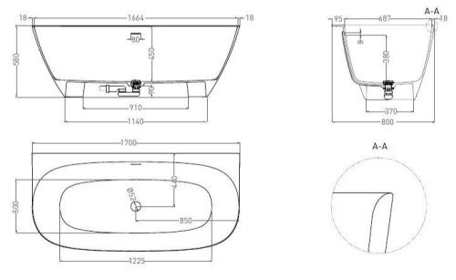 Ванна из искусственного камня Salini SOFIA 102522M 170х80 пристенная асимметричная - фото 4