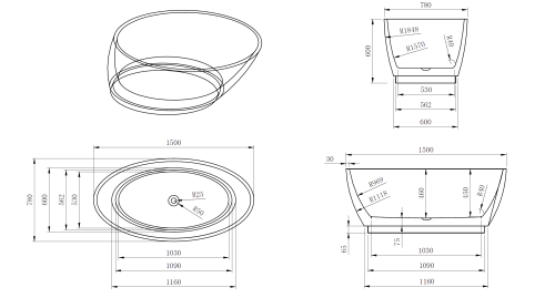 Ванна акриловая Frank 125632 150х78 отдельностоящая овальная без каркаса - фото 2