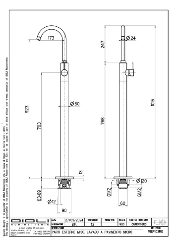 Смеситель Oioli Micro MIEP103RO/C47 напольный золото брашированное - фото 2