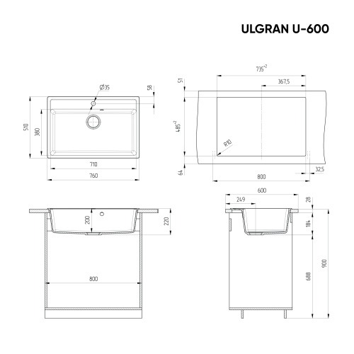 Кухонная мойка Ulgran Classic U-600-345 76х51 цвет коричневый - фото 2