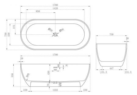 Ванна из искусственного камня Abber Stein AS9613-1.7 170х75 отдельностоящая овальная с ножками