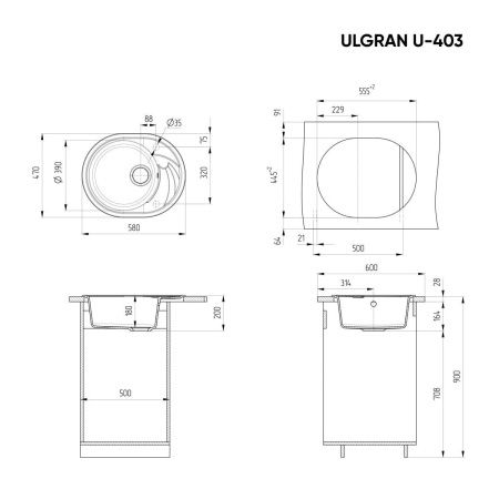 Кухонная мойка Ulgran Classic U-403-308 60х45 цвет черный