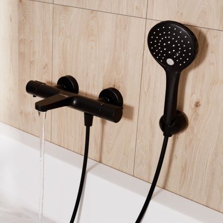 Смеситель для ванны и душа Wasserkraft Elbe 7400 7411 Thermo настенный черный с термостатом