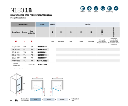 Душевая дверь Novellini N180 N1801B80-1N 80х200 стекло прозрачное профиль черный