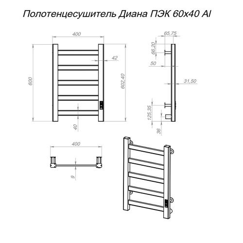 Полотенцесушитель Тругор Диана Пэк сп Al ПэкДиана1/6040Alчерн 40х60 электрический черный - фото 2