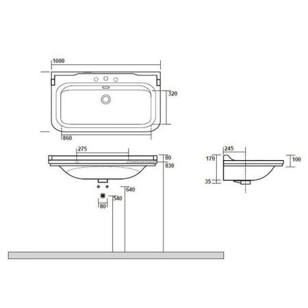 Раковина из сантехнического фарфора Kerasan Waldorf 4142K1bi/cr*3 100х60 подвесная цвет белый/хром 3 отверстия под смеситель
