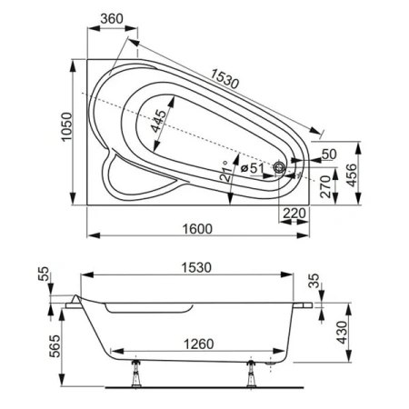 Ванна акриловая Vagnerplast Selena VPBA163SEL3PX-04 160х105 пристенная асимметричная без каркаса