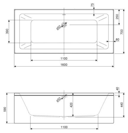 Ванна акриловая Cezares PLANE MINI PLANE MINI-160-70-42-W37 160х70 пристенная прямоугольная без ножек и каркаса