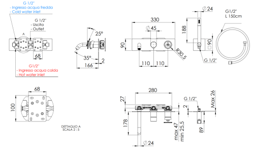 Смеситель для ванны Remer Chrono CH53D2 встраиваемый в стену хром - фото 2
