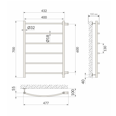 Полотенцесушитель Indigo Arc LASW70-40GFM-б/п-60 48х70 водяной графит