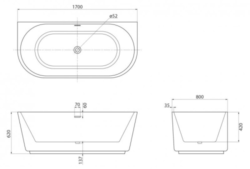 Ванна акриловая BelBagno BB108-170-80 170х80 пристенная полукруглая - фото 4