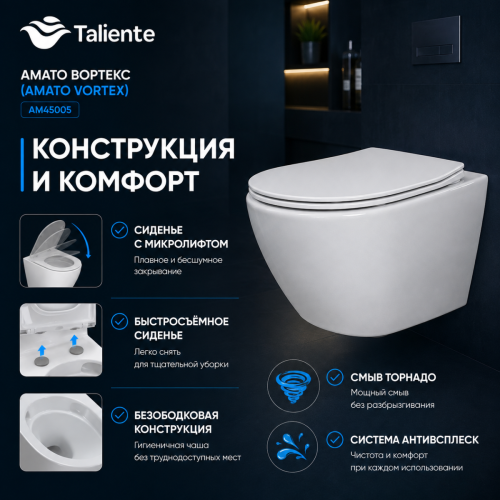 Унитаз подвесной Taliente Amato Vortex AM45005 белый с сиденьем микролифт безободковый смыв торнадо - фото 3