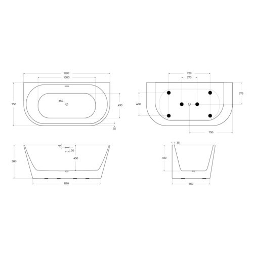 Ванна акриловая BelBagno BB710-1500-750 150х75 пристенная полукруглая - фото 3
