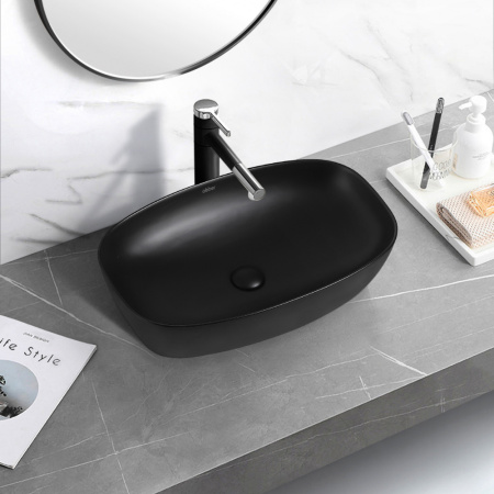 Раковина керамическая Abber RECHTECK AC2206MB 61х39 накладная цвет черный матовый без отверстий под смеситель