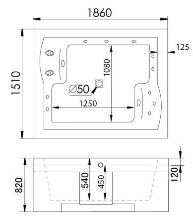 Ванна акриловая гидромассажная Gemy G9052 II B R 185х150 пристенная прямоугольная с каркасом