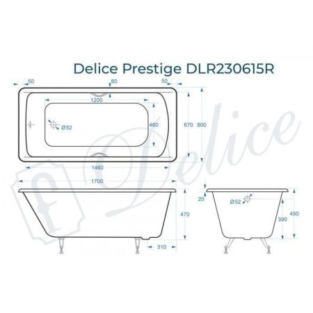 Ванна чугунная Delice Prestige DLR230615R 170х80 пристенная прямоугольная без ножек с отверстиями под ручки