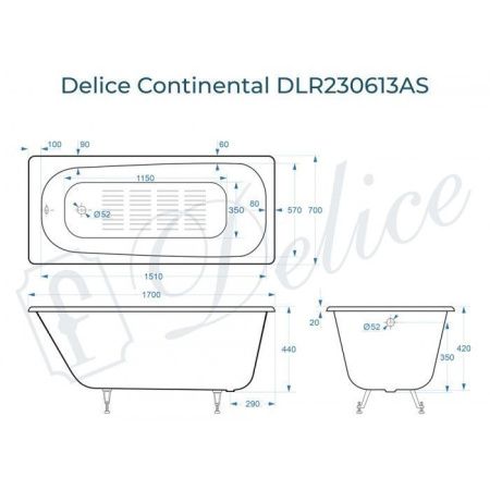 Ванна чугунная Delice Continental DLR230613-AS 170х70 пристенная прямоугольная без ножек с антискользящим покрытием
