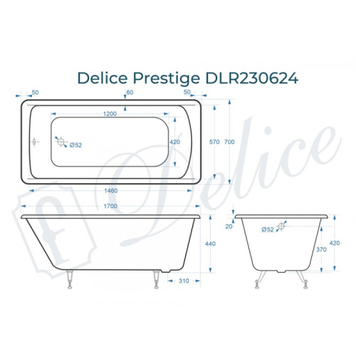 Ванна чугунная Delice Prestige DLR230624 170х70 пристенная прямоугольная - фото 2