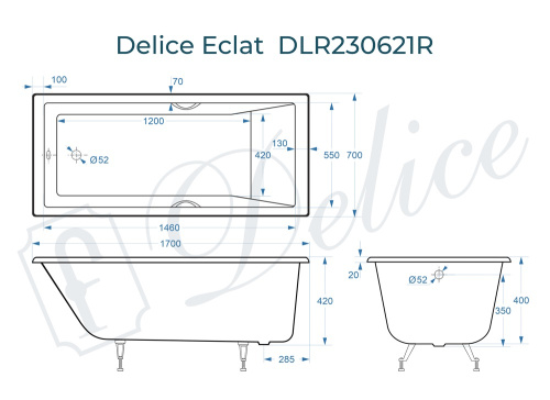 Ванна чугунная Delice Eclat DLR230621R 170х70 пристенная прямоугольная без ножек с отверстиями под ручки - фото 3