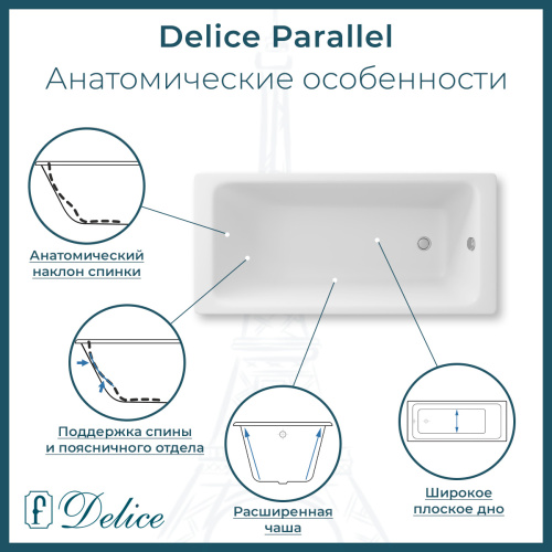 Ванна чугунная Delice Parallel DLR220506R-AS 180х80 пристенная прямоугольная без ножек с ручками - фото 2