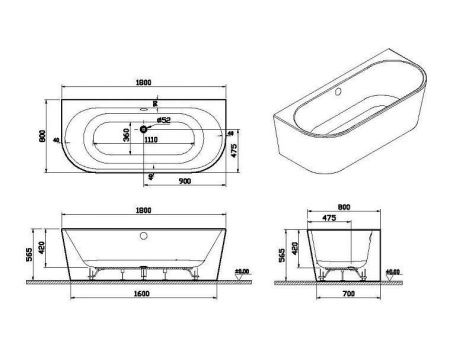 Ванна акриловая Vitra Geo 65420006000 180х80 пристенная овальная с ножками