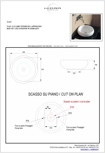 Раковина керамическая Hidra Tao TA19/026 43х43 накладная цвет черный матовый без отверстий под смеситель - фото 2