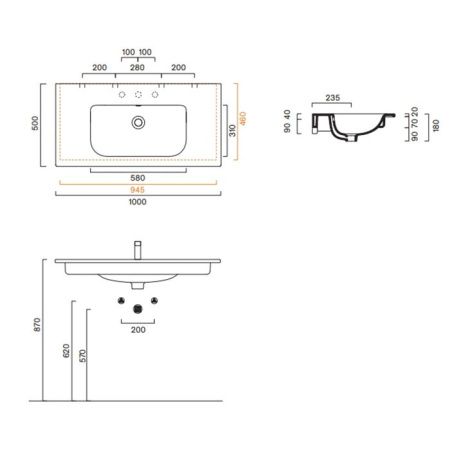 Раковина керамическая Catalano Italy 721011001 100 см подвесная цвет белый 1 отверстие под смеситель