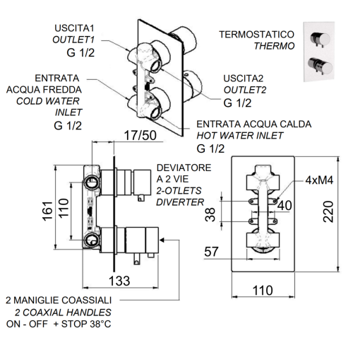 Смеситель для душа Remer Elegance NT92Q встраиваемый в стену хром с термостатом - фото 2