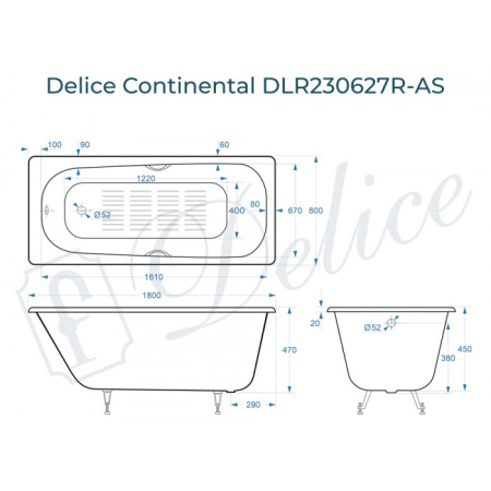 Ванна чугунная Delice Continental DLR230627R-AS 180х80 пристенная прямоугольная без ножек с отверстиями под ручки