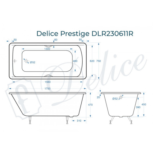 Ванна чугунная Delice Prestige DLR230611R 175х75 пристенная прямоугольная - фото 2