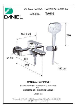 Смеситель для ванны Daniel Tiara TA610-GO настенный графит