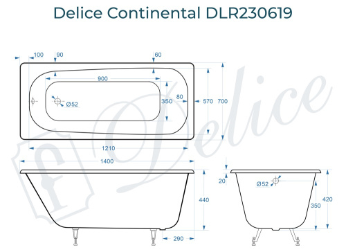 Ванна чугунная Delice Continental DLR230619 140х70 пристенная прямоугольная без ножек - фото 3