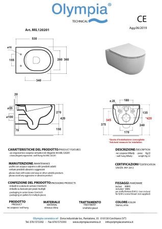 Чаша унитаза подвесная Olympia Milady MIL120201 цвет белый без сиденья безободковая