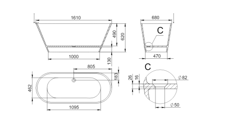 Ванна из искусственного камня Holbi SELENA 1.01.006.11.1 160х70 отдельностоящая овальная