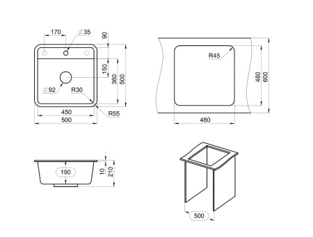 Кухонная мойка Granula Стандарт 5001, ГРАФИТ 50х50 цвет графит поверхность матовая