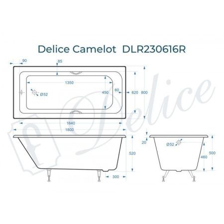 Ванна чугунная Delice Camelot DLR230616R 180х80 пристенная прямоугольная без ножек с отверстиями под ручки