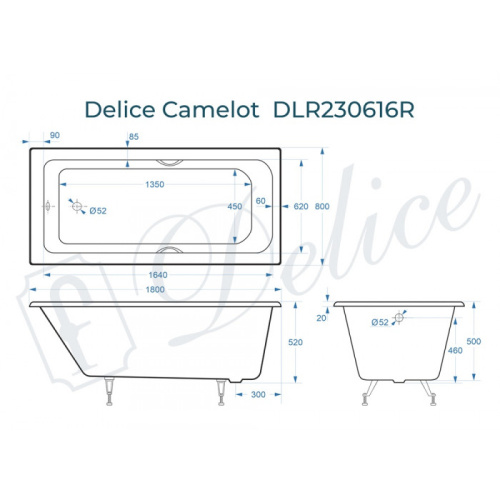 Ванна чугунная Delice Camelot DLR230616R 180х80 пристенная прямоугольная - фото 2