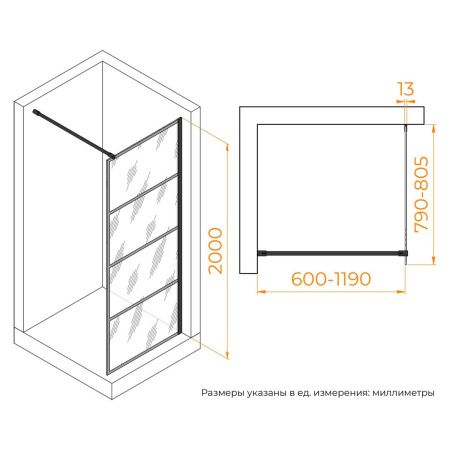 Душевая перегородка RGW Walk In 351001980-84 80х200 стекло с рисунком профиль черный