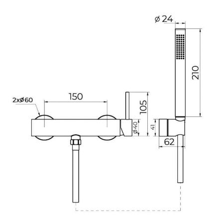 Смеситель для ванны и душа Knotlor ECLIPSE SS-22 настенный нержавеющая сталь
