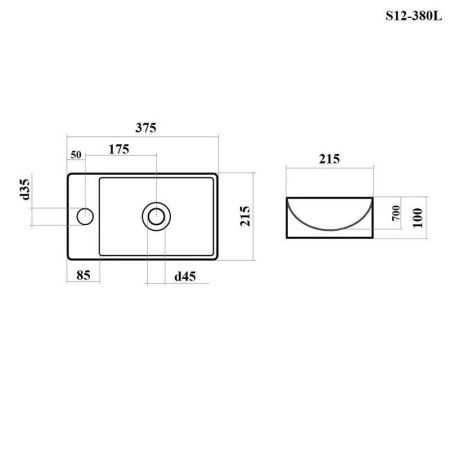 Раковина из сантехнического фарфора Bond Cube S12-380L 40х20 накладная цвет белый 1 отверстие под смеситель