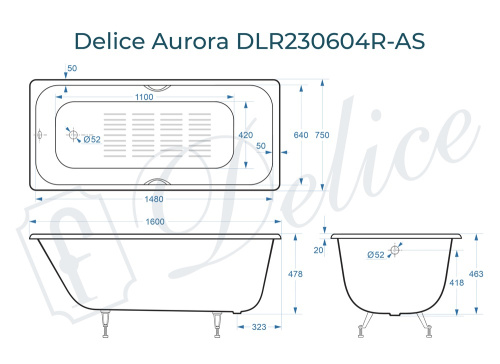 Ванна чугунная Delice Aurora DLR230604R-AS 160х75 пристенная прямоугольная без ножек с отверстиями под ручки - фото 3