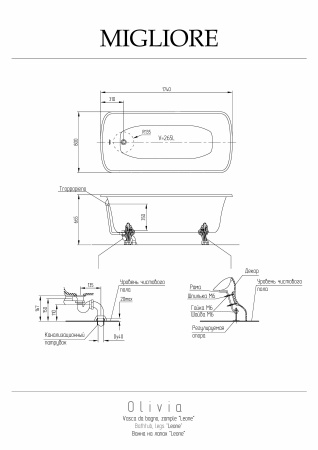 Ванна из искусственного мрамора Migliore OLIVIA 24394 174х80 пристенная прямоугольная с ножками